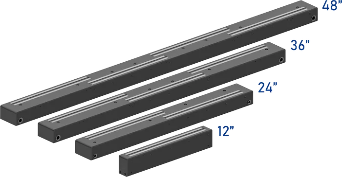 WideSCAN 系列线扫条四种尺寸全家福，展示其紧凑的工业设计