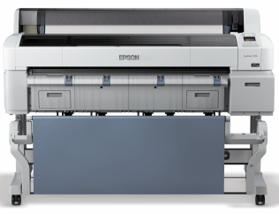 Epson SureColor T7270 系列机身细节，展示无轴卷轴适配器与墨水系统